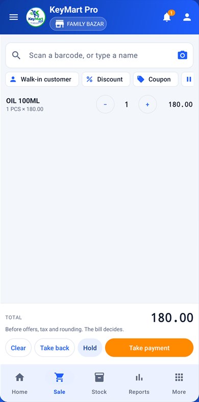 KeyMart Pro app counter: scanning items into a bill