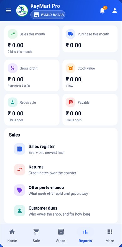 KeyMart Pro app reports: sales, purchase, profit, stock value and dues